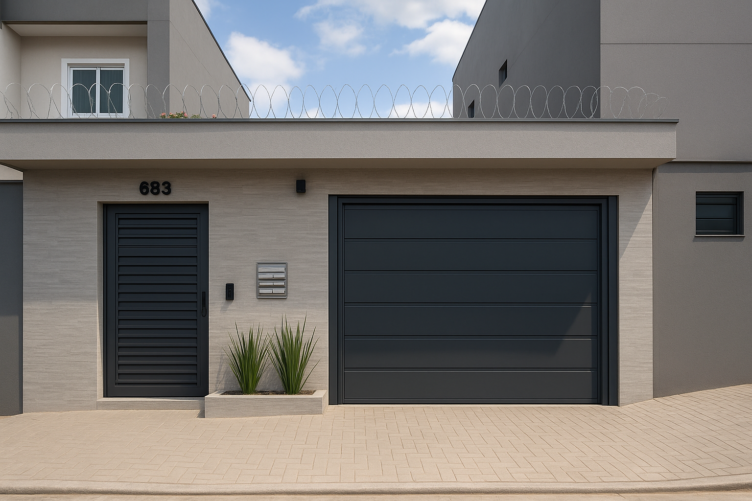 Vista do empreendimento Amanari mostrando sobrados modernos com acabamento de alto padrão