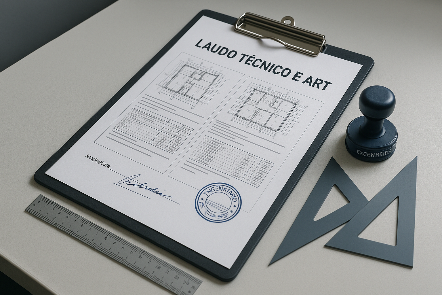 Documento de laudo técnico em prancheta, com espaço para assinatura de responsabilidade técnica